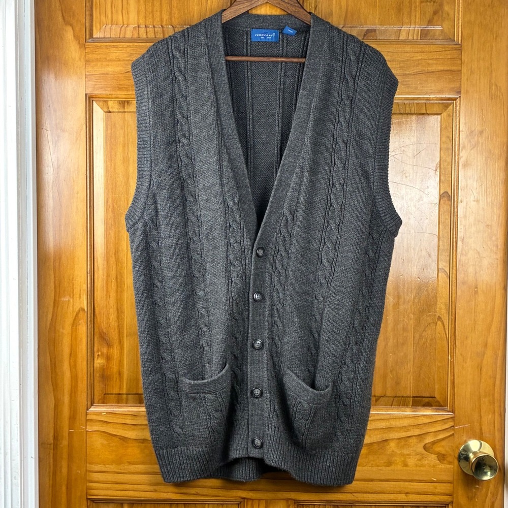 Towncraft Mens Charcoal Gray Cable Knit Cardigan Vest Tall 2XLT V-Neck Layering